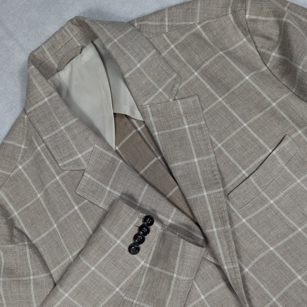 Faherty Reserve Tollegno 1900 Ice Linen Plaid Blazer Tan White Mens Large